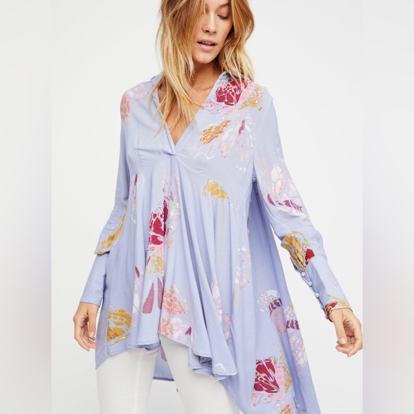 Free People Tops - Free People Field Of Butterflies Tunic Shirt Blu Purple Size XS Flowy Fairy Boho